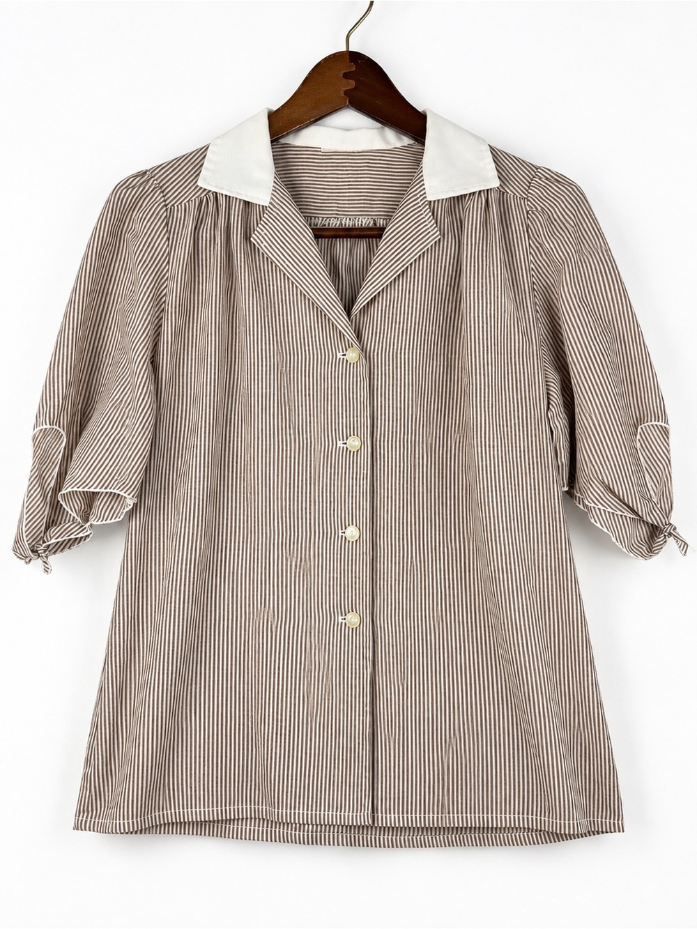 Vintage 70s Brown Cream Striped Tie Sleeve Blouse Puff Sleeve L